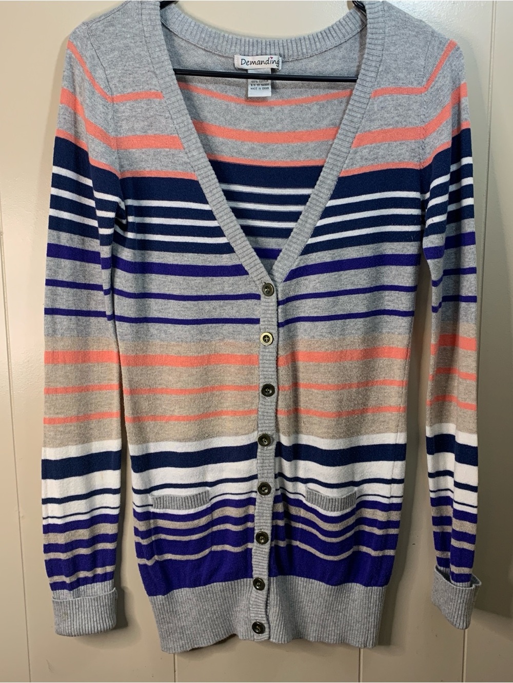 Demanding Women's S Striped V-Neck Cardigan - Gray, Navy & Coral